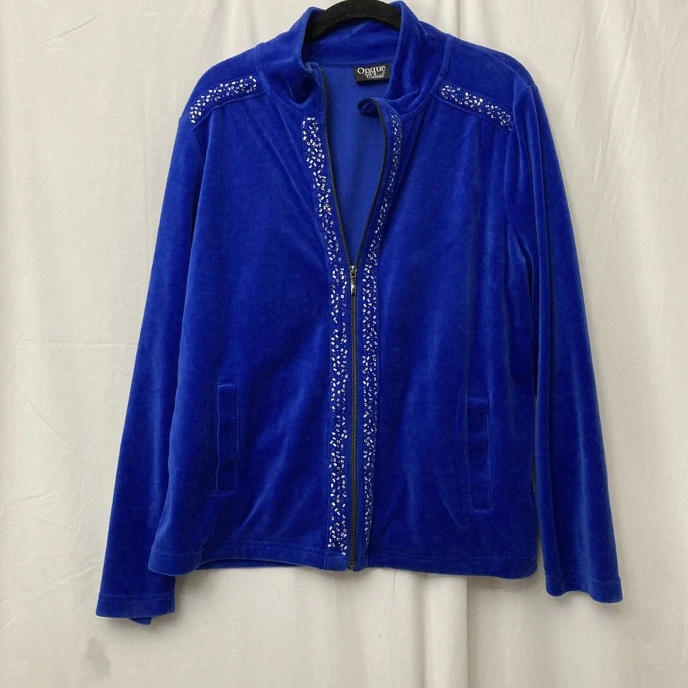 Onque Casual Women's Blue Velour Rhinestone Zip‎ Front Track Jacket - SZ XL
